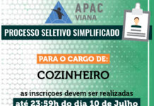 APAC de Viana abre processo seletivo para contratação de cozinheiro