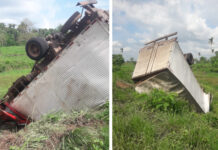 Caminhão carregado com ração capota na MA-014, entre Olinda Nova e Matinha